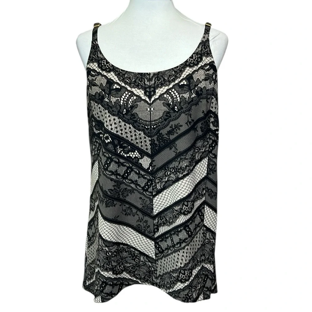 CAbi Lace Print Tunic Blouse Black